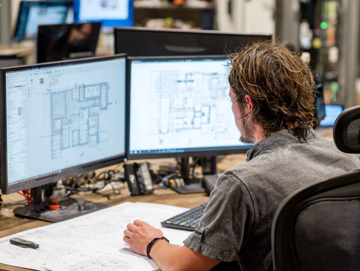Audio system designer working on speaker placement floor plans in CAD software